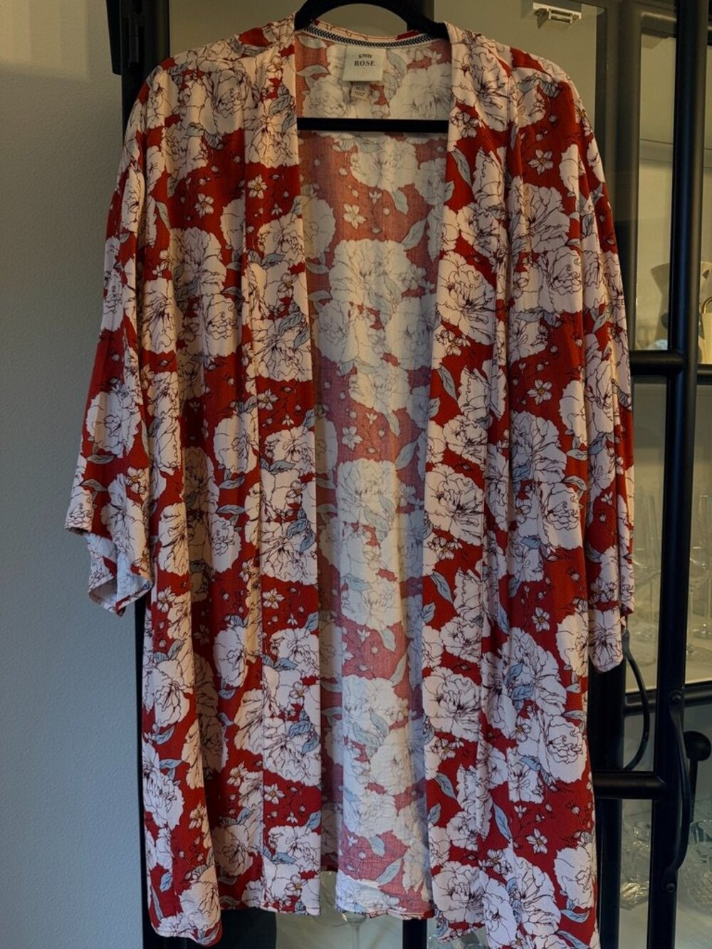 Knox Rose Red Floral Open Front Boho Kimono Duster Cardigan OS